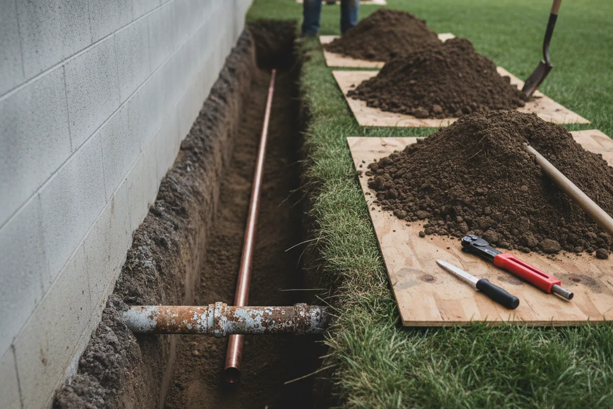 Excavated water line trench during Water Softener Installation in Keeling